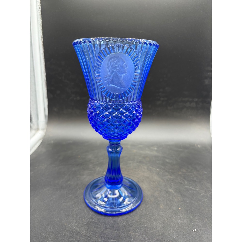 Vintage Avon Cobalt Blue Glass George Washington Portrait Cameo Goblet 8.25in